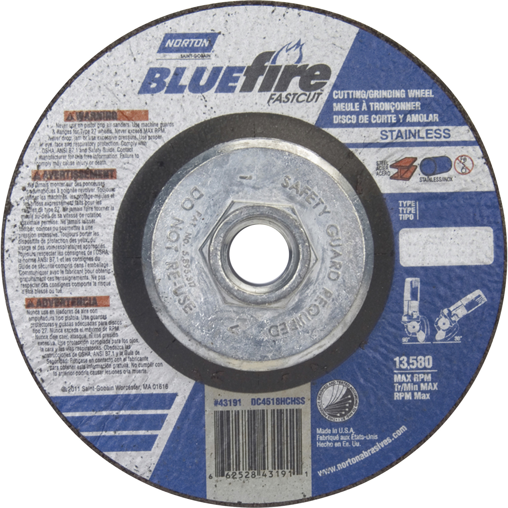 Norton Bluefire Type 27 Cutting/Grinding Wheel, 4 1/2in. x 1/8in. x 5/8in.-11, Zirconia Alumina, 13,580 RPM